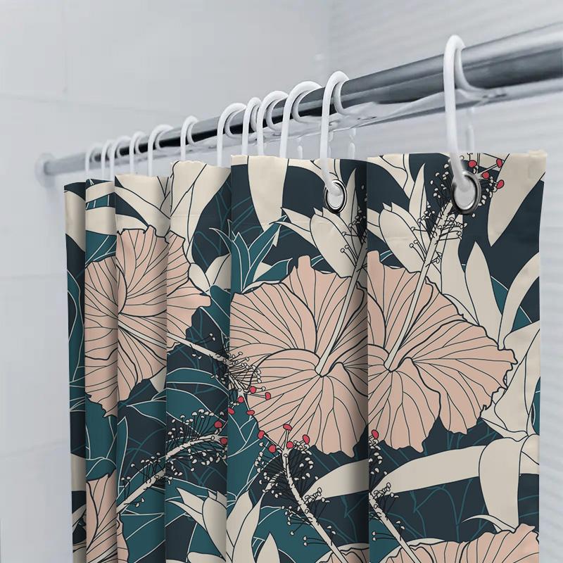 High-Quality Fabric Shower Curtain with White Hibiscus Flowers Printed in Greenish Blue Perfect Decor for Your Bathroom