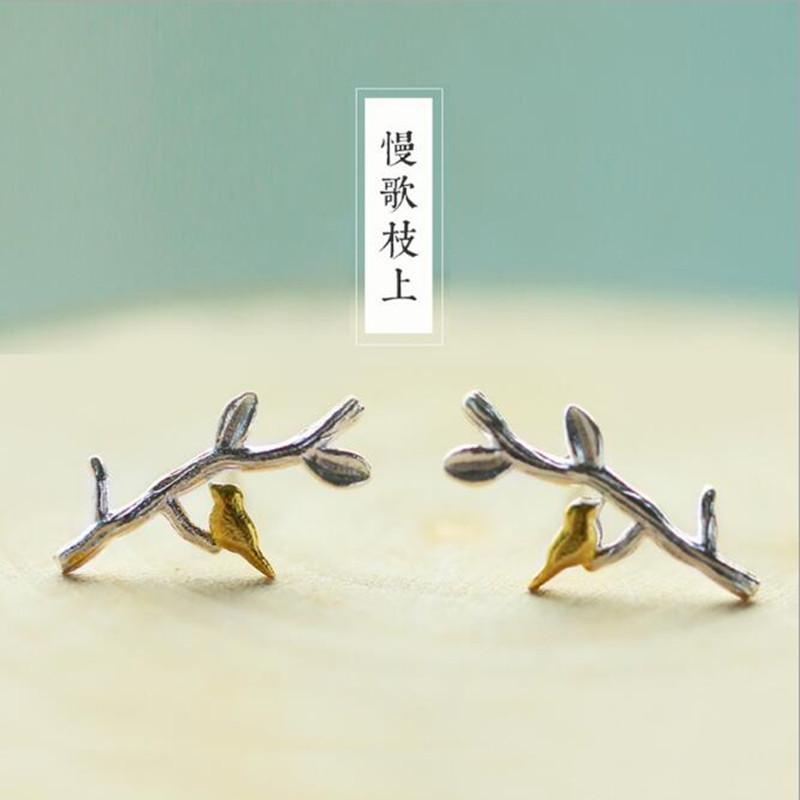 New Fashion Personality 925 Sterling Silver Jewelry Earrings Branches Bird Fresh Art Style Simple Gift Earrings E018