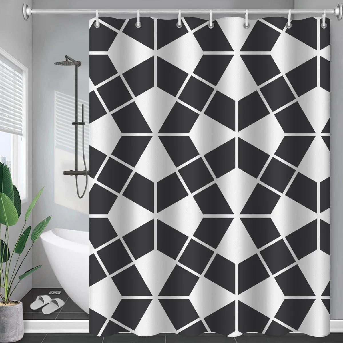 

Marble Black And White Long Shower Curtain Bathroom Geometric Modern Waterproof Bathroom Accessories Curtains Hooks W60H190(CM)-1 Pcs