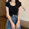 Short Ice Silk Knitted Short Sleeve T-shirt for Women Summer Round Neck Thin Hollow Open Slim Fit Short Shoulder Top