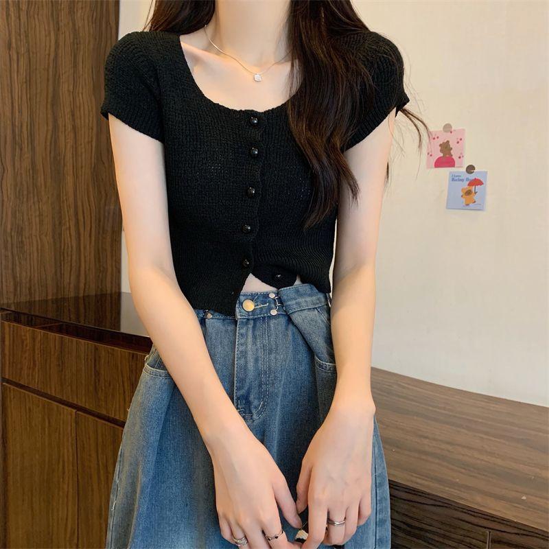 Short Ice Silk Knitted Short Sleeve T-shirt for Women Summer Round Neck Thin Hollow Open Slim Fit Short Shoulder Top