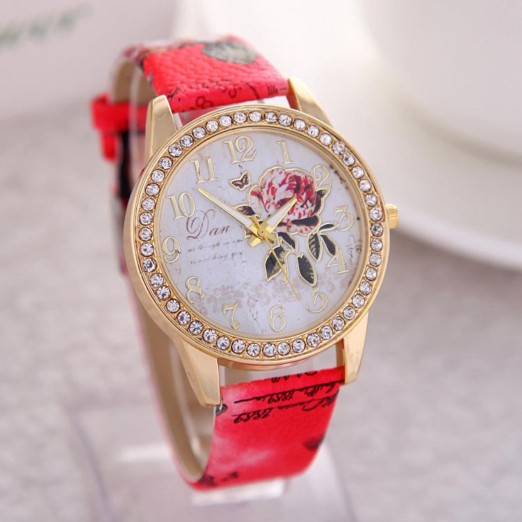 Charming Women's Floral Leather Strap Rose Flower Watch