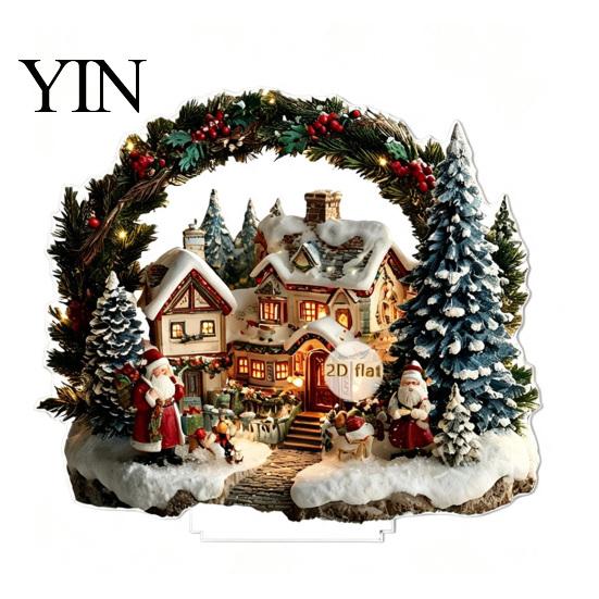Seasonal Home Accents Christmas Village Houses Table Decoration, Snow Scene Patterns 2D Acrylic Santa Claus Hanging Decor Ornament, Decorative