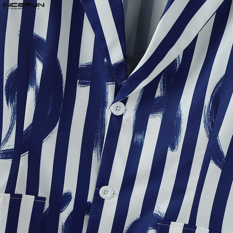 INCERUN Oversized Spring Men Lapel Neck Long Sleeve Striped Button Thin Blazer Coats