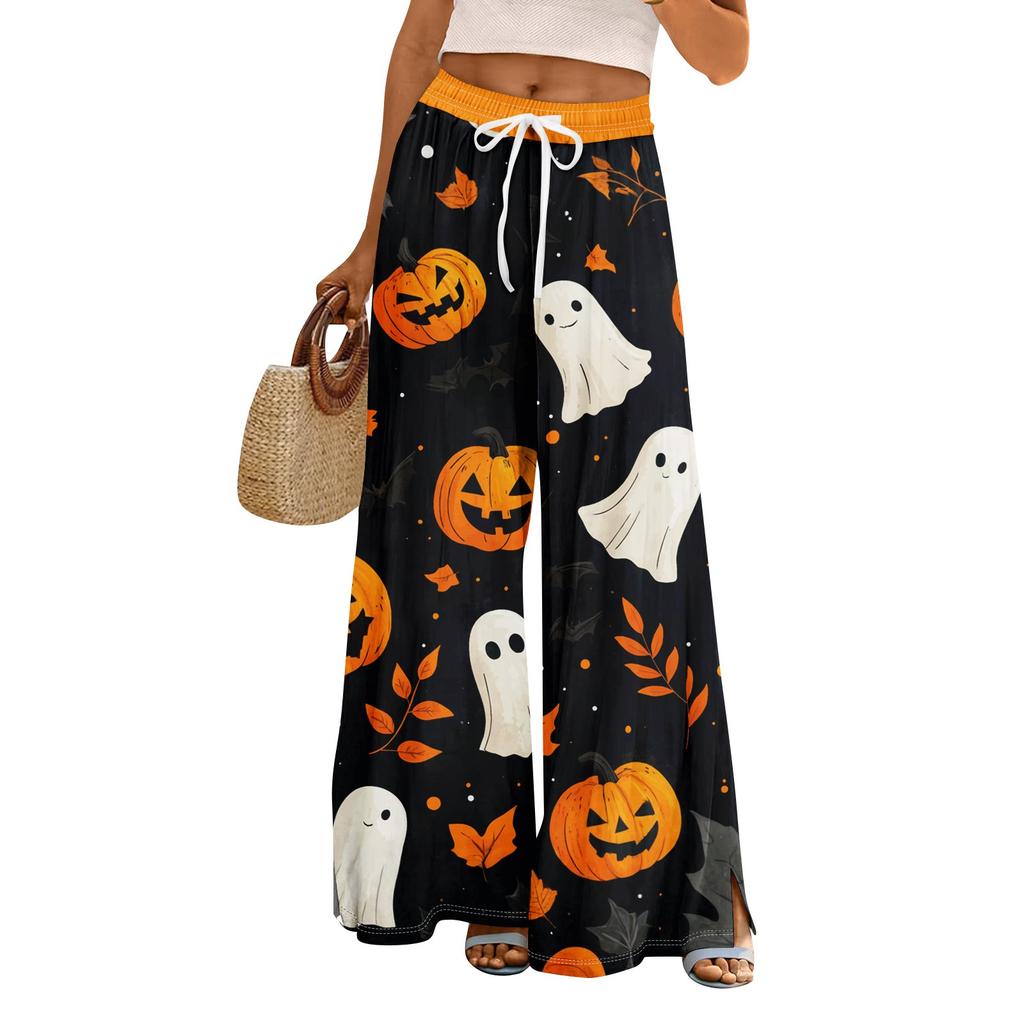 Women Summer Boho Palazzo Pants High Waist Wide Leg Halloween Printing Casual Trousers With Pockets