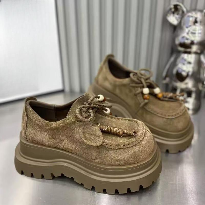 Fashion Platform Single Shoes Autumn New Suede Round Toe Lace-Up Front Non-Slip Wear-Resistant Mid-Heel Low-Top Shoes