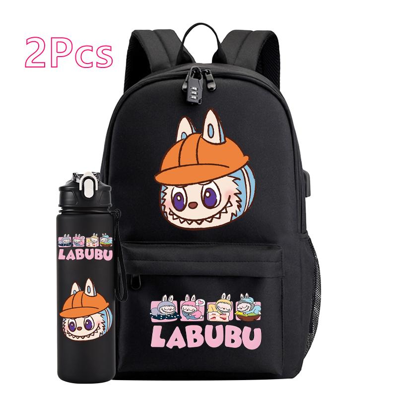 2Pcs/set Cute Canvas Printed Backpack Water Bottle Boy Girl Teen Student Schoolbag Backpack Women Anti-Theft Laptop Travel Bag