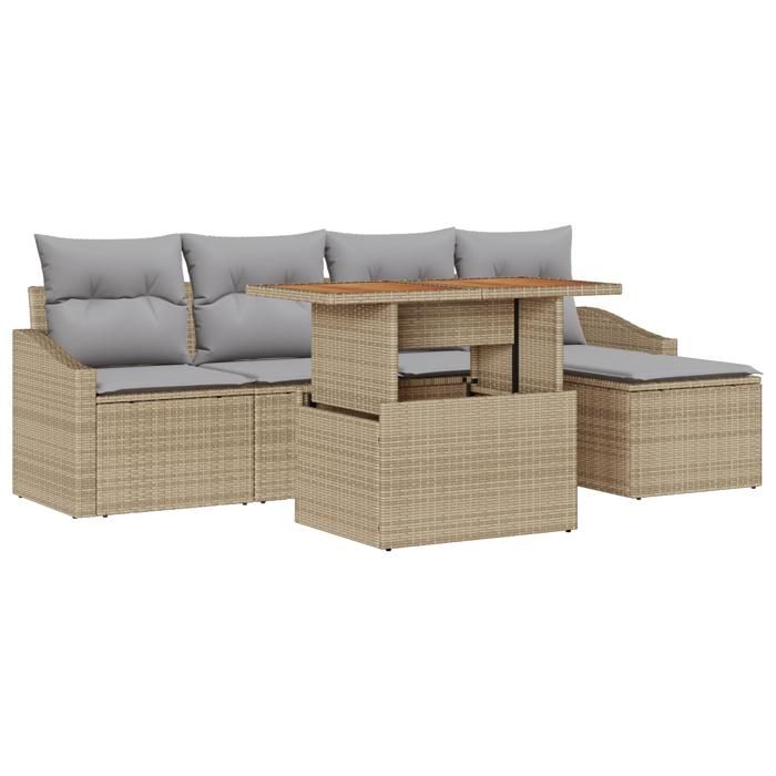 VidaXL Ensemble repas jardin 6 pièces avec coussins Beige Poly Rattan Acacia 3349825