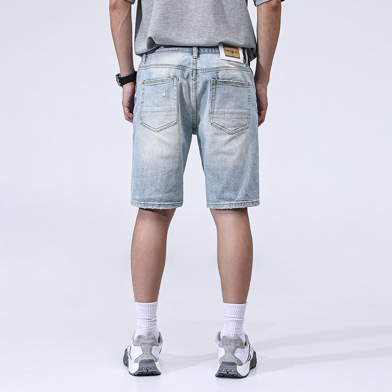 New Summer Light-colored Denim Shorts Men's Slim Straight Mid-tie Ripped Five-point Pants