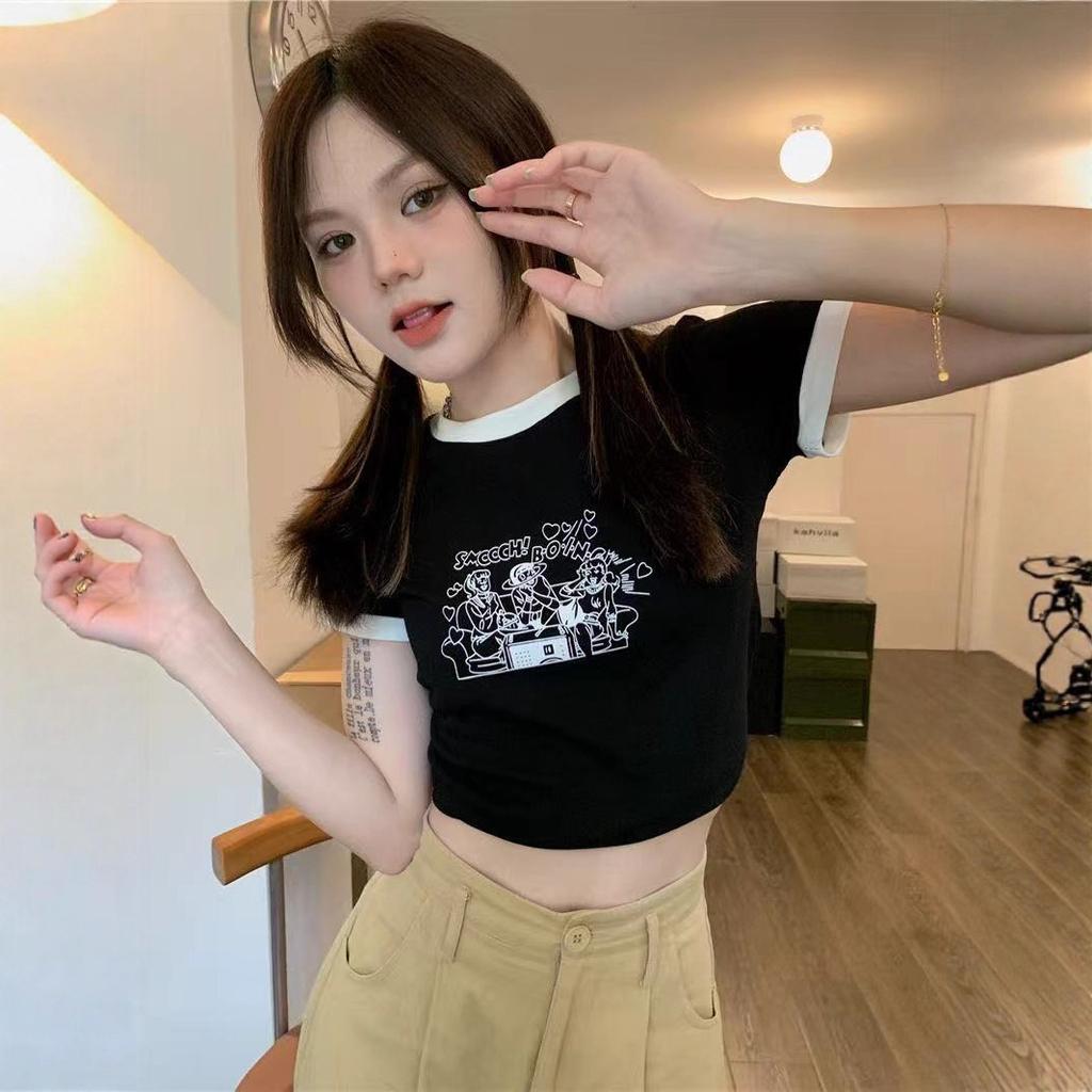 Summer new Korean version slim and thin printing short navel with short-sleeved top T-shirt women's ins tide