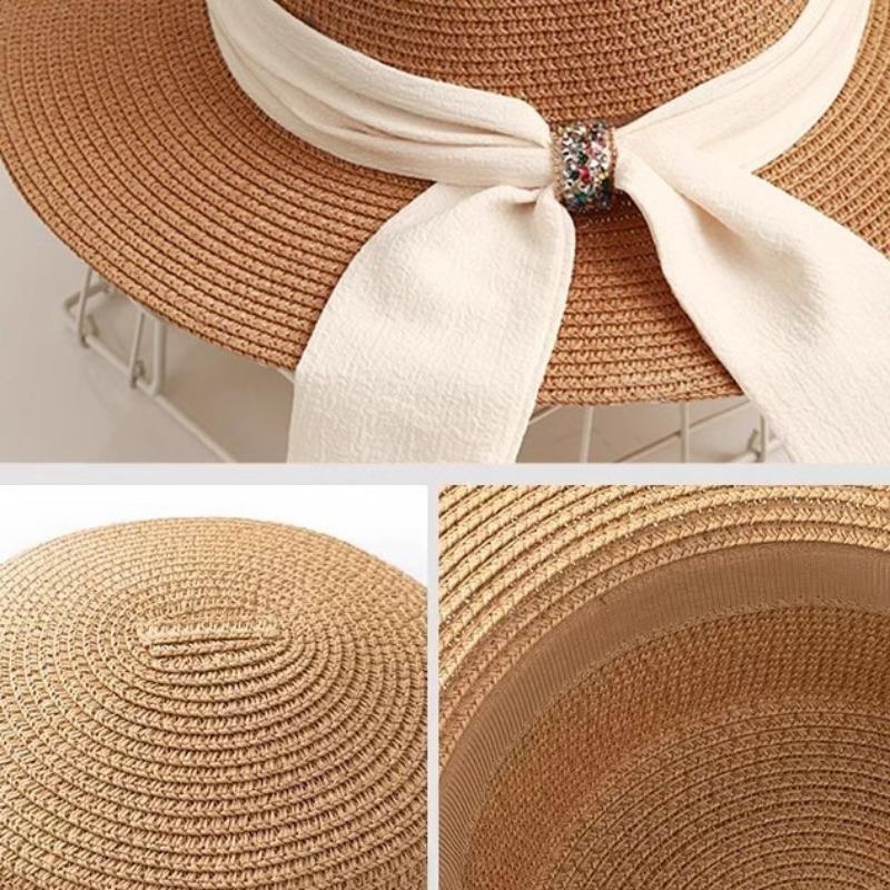 Wide Brim Flat Top Straw Hat Women's Summer Travel Fashion Bow Sunshade Sunscreen Hat Top Hat Casual Beach Sun Hat