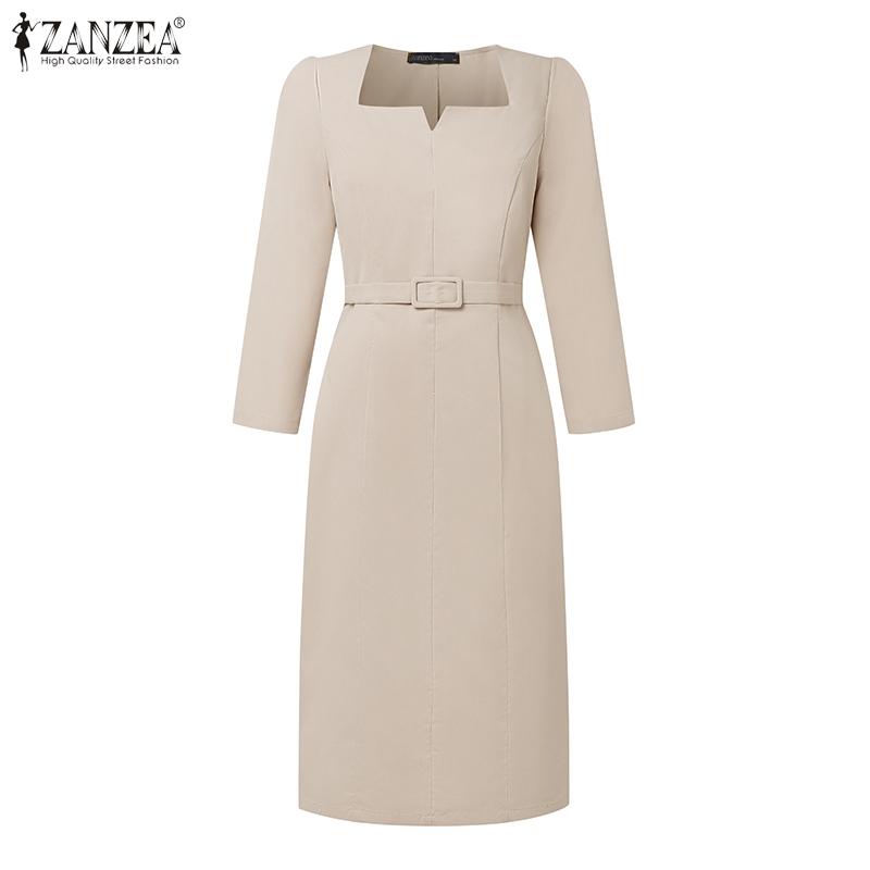 ZANZEA Women Square Collar Casual 3/4 Sleeve Slim Sheath Dress