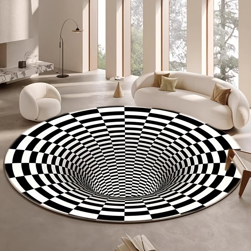 Flannel Printed Round Rug With Black White Optical Illusion Design For Modern Home Decor Soft Floor Mat 3D Art Theme