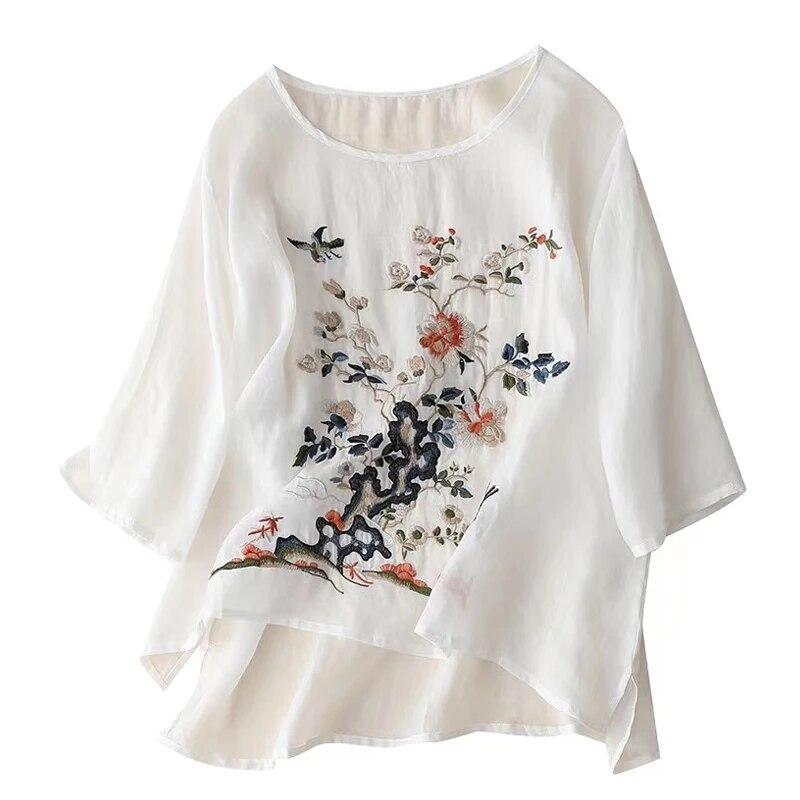 Summer Embroidered Cotton Blouse Women 2023 Casual Short Sleeve Tops Sweet O Neck T-shirt Vintage Loose Shirt Female 26840