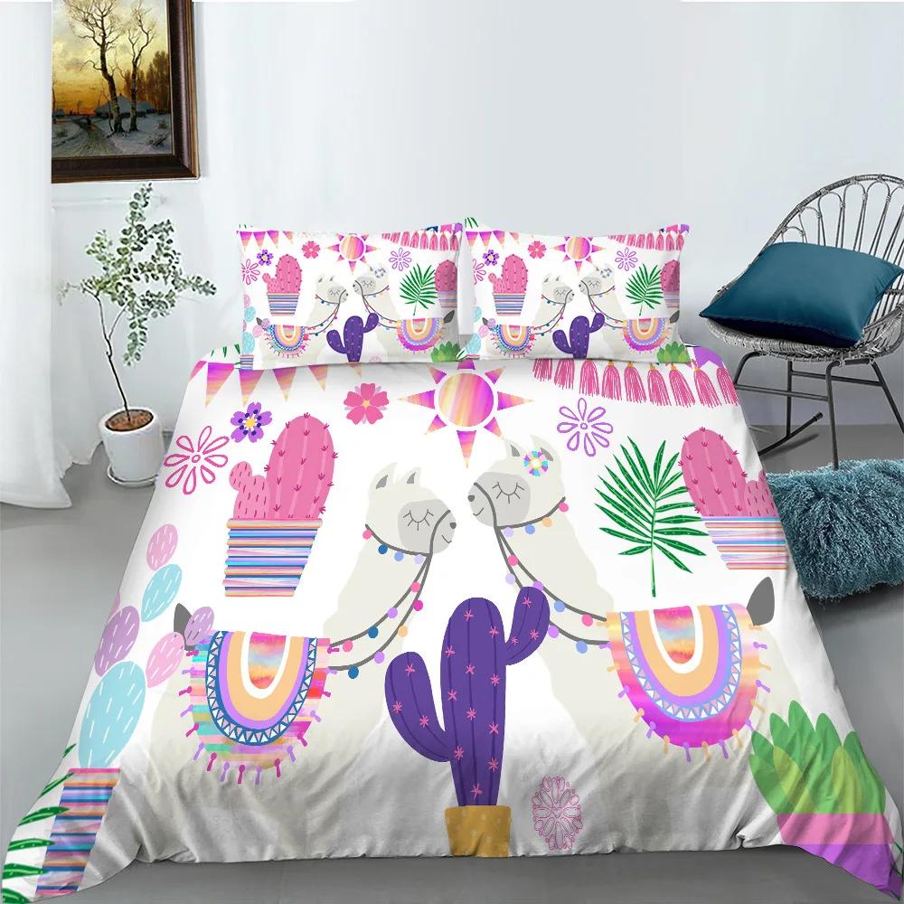 Cartoon Alpaca Duvet Cover King Queen Size Lovely White Animal Bedding Set for Kids Tropical Cactus 2/3pcs Polyester Quilt Cover
