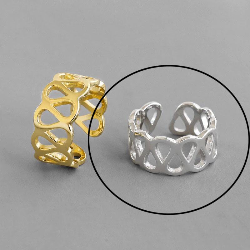925 Silver Rings For Women Hollow Out Gold Color Temperament Personality Fashion Female Trendy Resizable Opening Rings