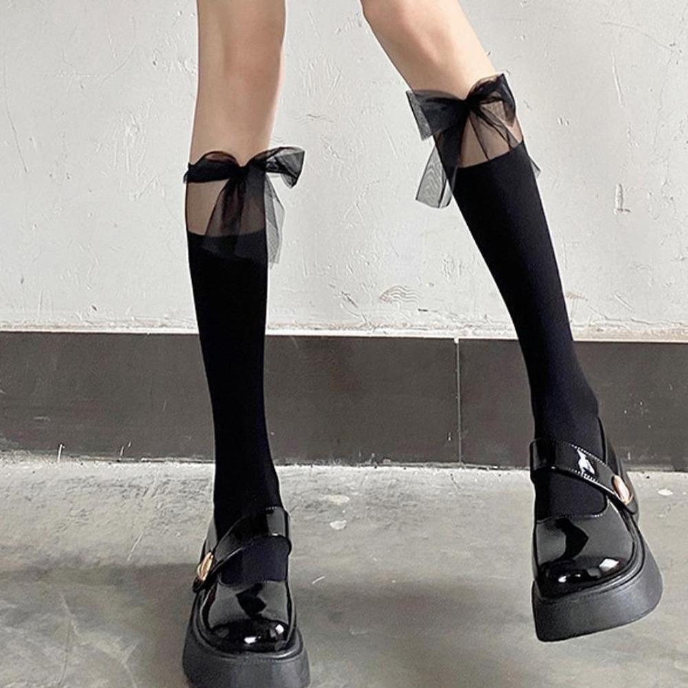 Lace, Calf Socks Mesh Black Silk Stitching Bow Calf Socks Transparent Tube Socks Tulle Velvet Socks