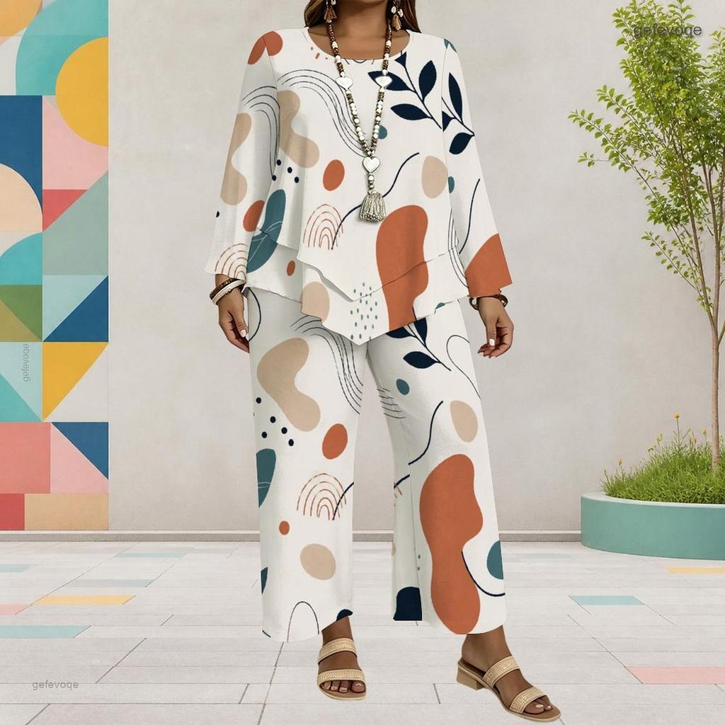 Women Plus Size Printed Round Neck Long Sleeve Layered Top Wide Leg Cropped Pants Two Piece Set