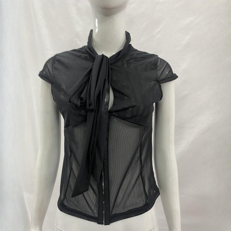 European and American Summer Sexy Women's Round Neck Hollow Mesh Splicing Bow T-shirt
