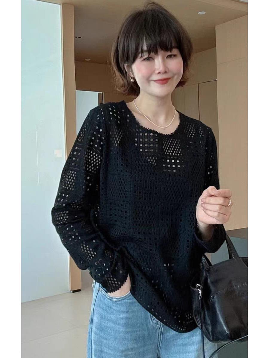 

Женский ретро корейский кардиган крючком - Свободный, Ажурный, Однотонный, Защита от солнца - Весна/Лето 2025. Medium чёрный