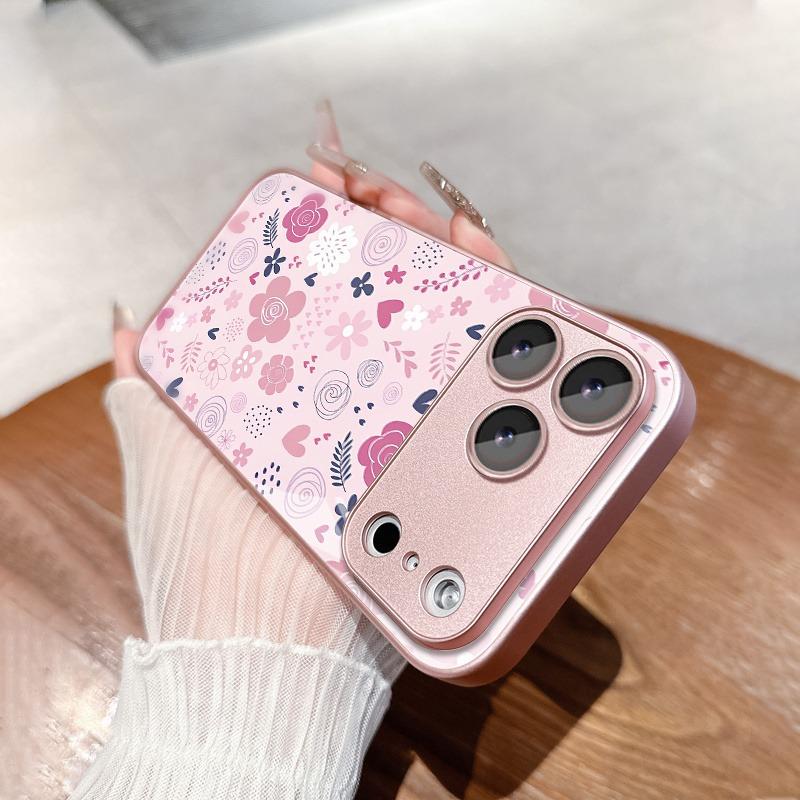 Cute Rose Daisy Love Pattern Pink Metallic Tempered Glass Phone Case For iPhone 17 Pro Max 11 12 13 14 15 16 Plus 17 Air Cover
