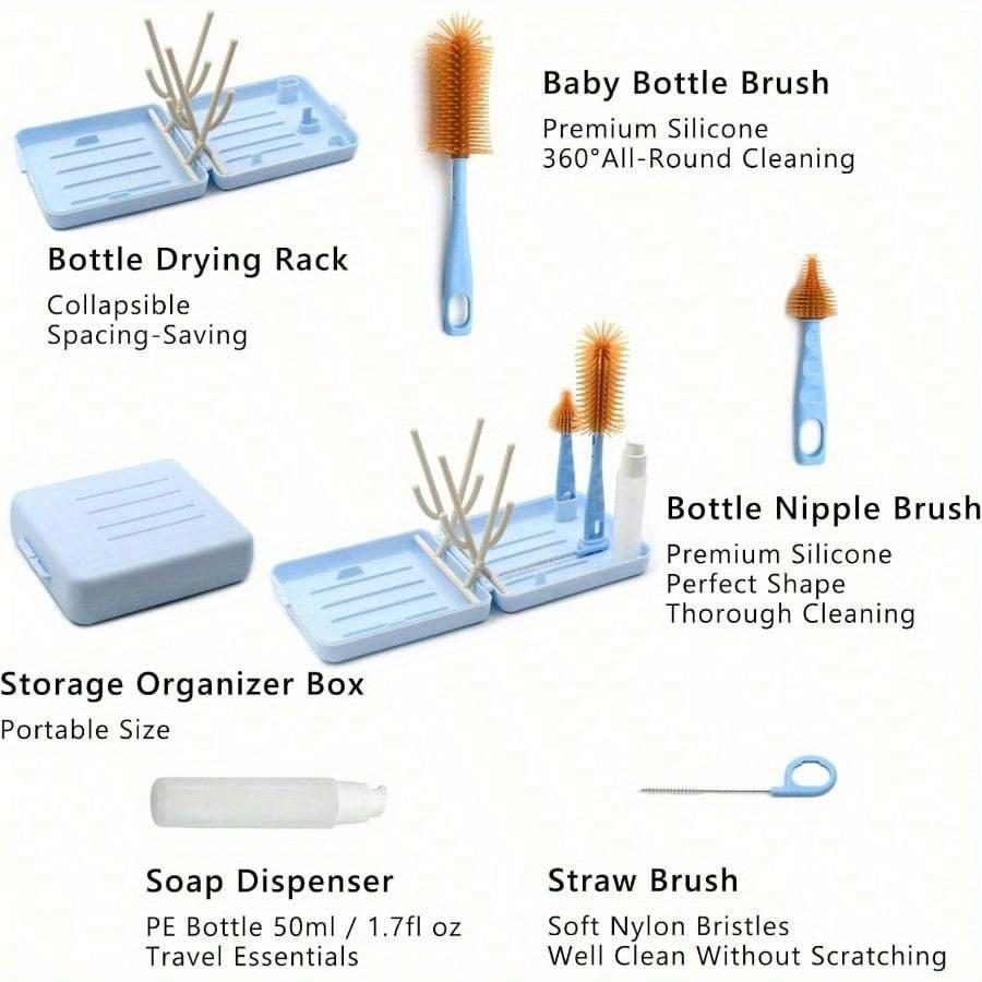 Portable Baby Bottle Brush Kit Premium Silicone Bottle Cleaner Brush, Nipple Brush, Straw Brush, Soap Dispenser, Bottle Drying Rack, and a Storage