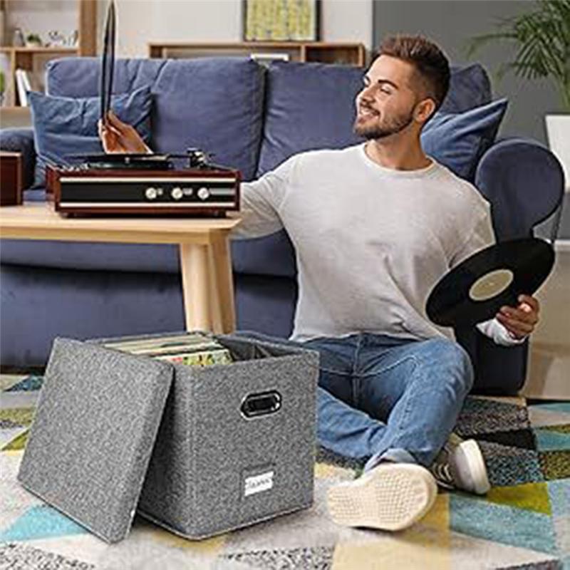 A25F-For 100+ Single Records Organizer 13 Inch Vinyl Record Storage Boxes With Lids And Handles, LP Record Box 2Pcs