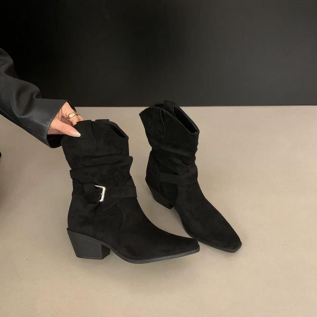 Retro Belt Buckle Suede Pleated Piled Boots Women's Autumn and Winter New V-mouth Wide Tube Thick Heel Fashion Boots