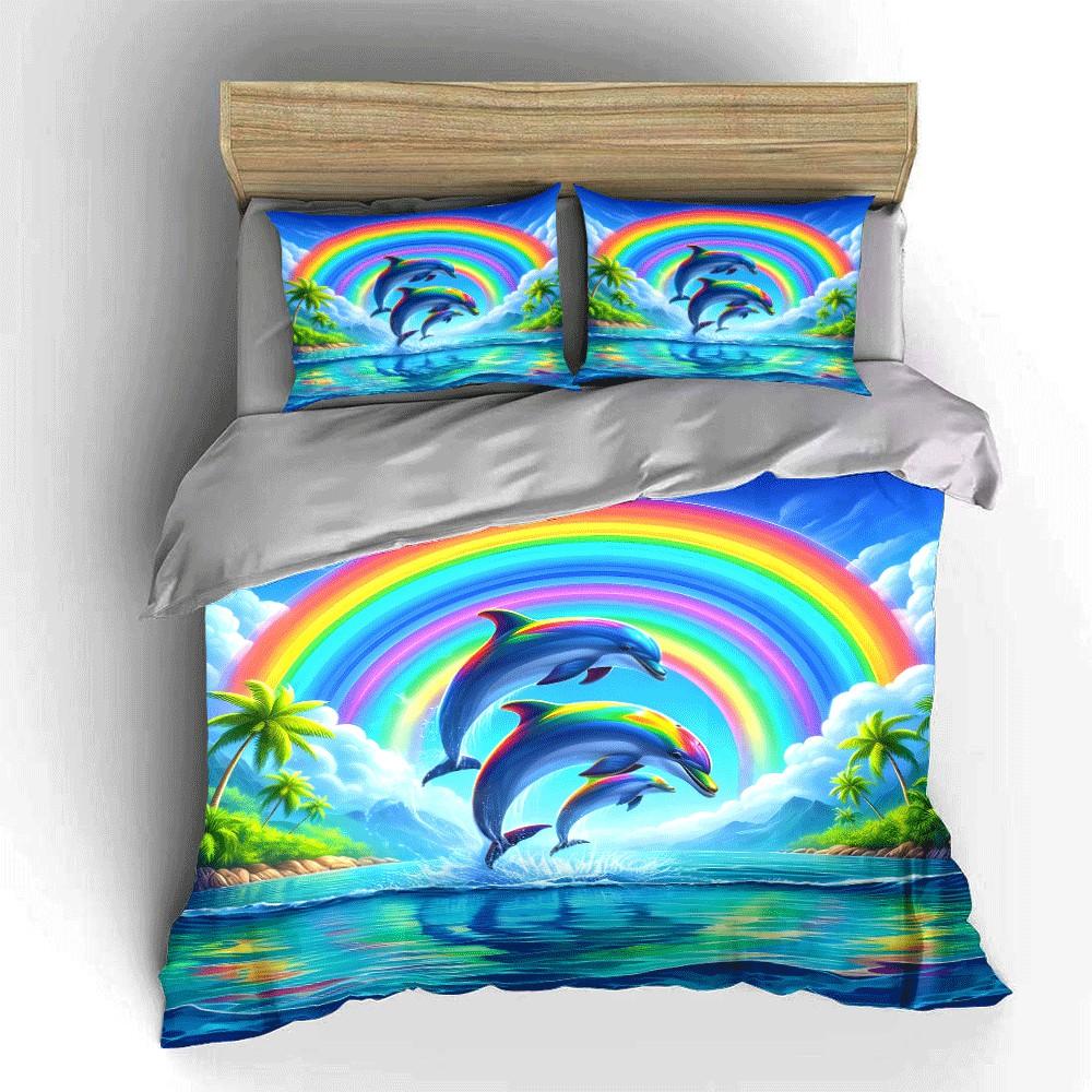 Dolphins Rainbow Tropical Island Decor Exquisite Three-Piece Bedding Set Gift For Kids And Adults