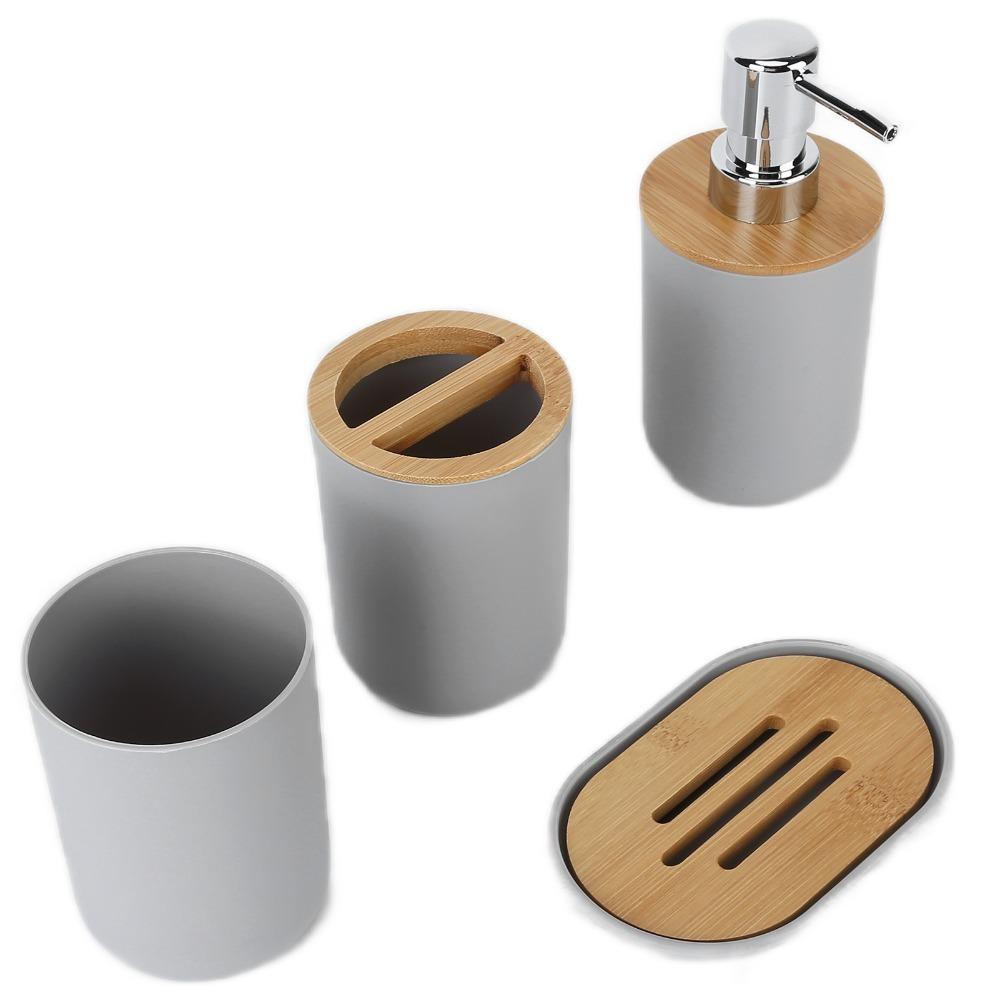 4-teiliges Badezimmer-Accessoire-Set Kunststoff Bambus Badezimmer-Organizer-Set Badezimmer-Zubehör-Set Familie