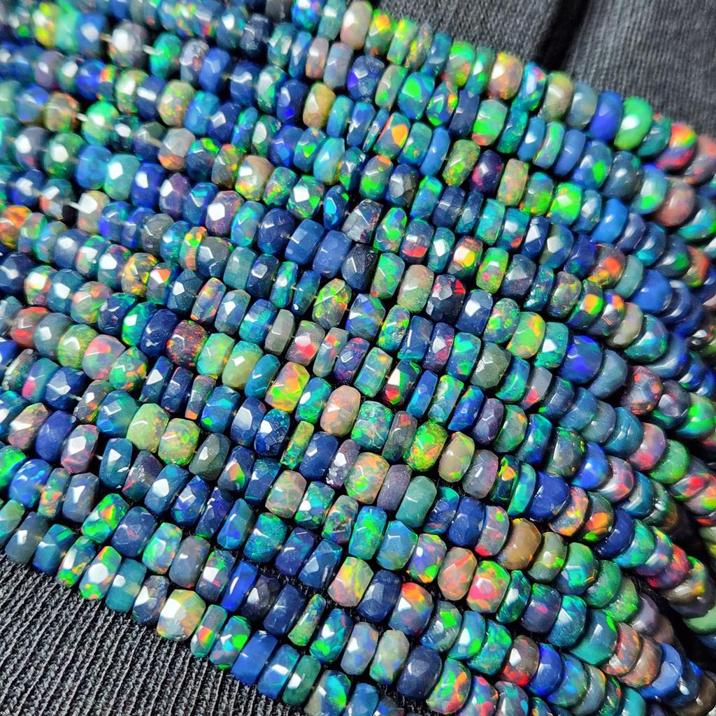 Faceted Rainbow Flashy Rondell Ethiopian Opal Beads, Healing Black Faceted Strand.
