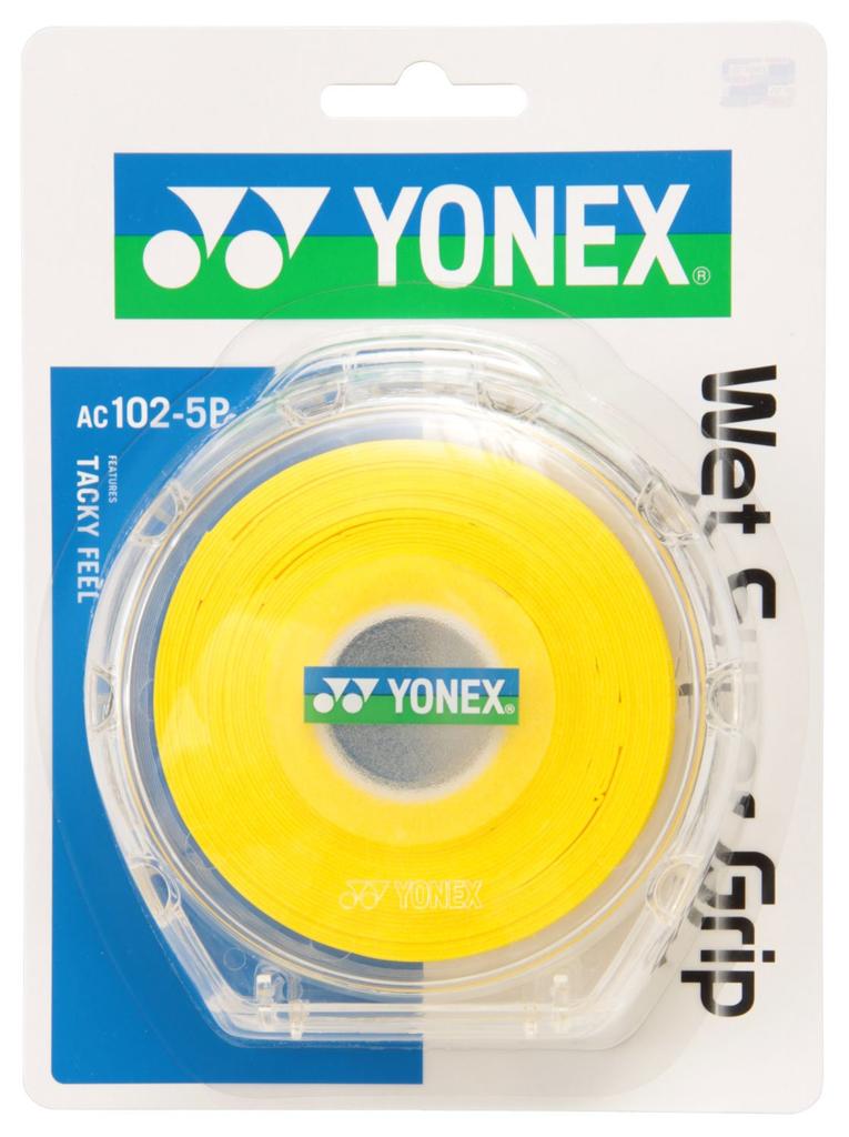 YONEX Wet Super Grip Tennis and Badminton Grip Tape with Case of AC1025P Yellow (Pack 5)