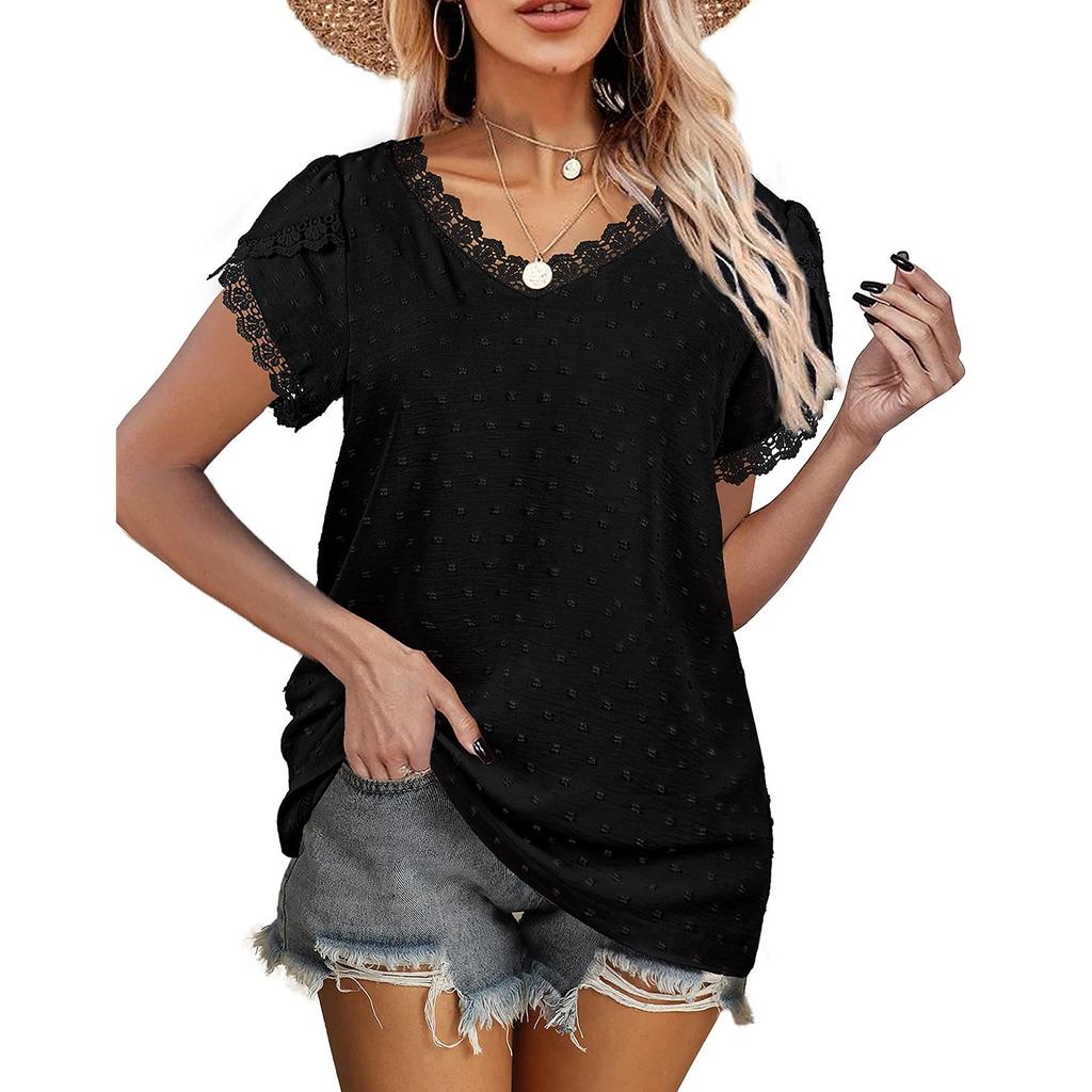 Ladies Casual Fashion Sexy Solid Color V-neck Pullover Comfortable Loose Short Sleeve Lace Sleeve Top
