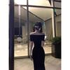 black one-word neck dress for women's summer temperament, slim and thin, waist pinched, hip wrapped long skirt