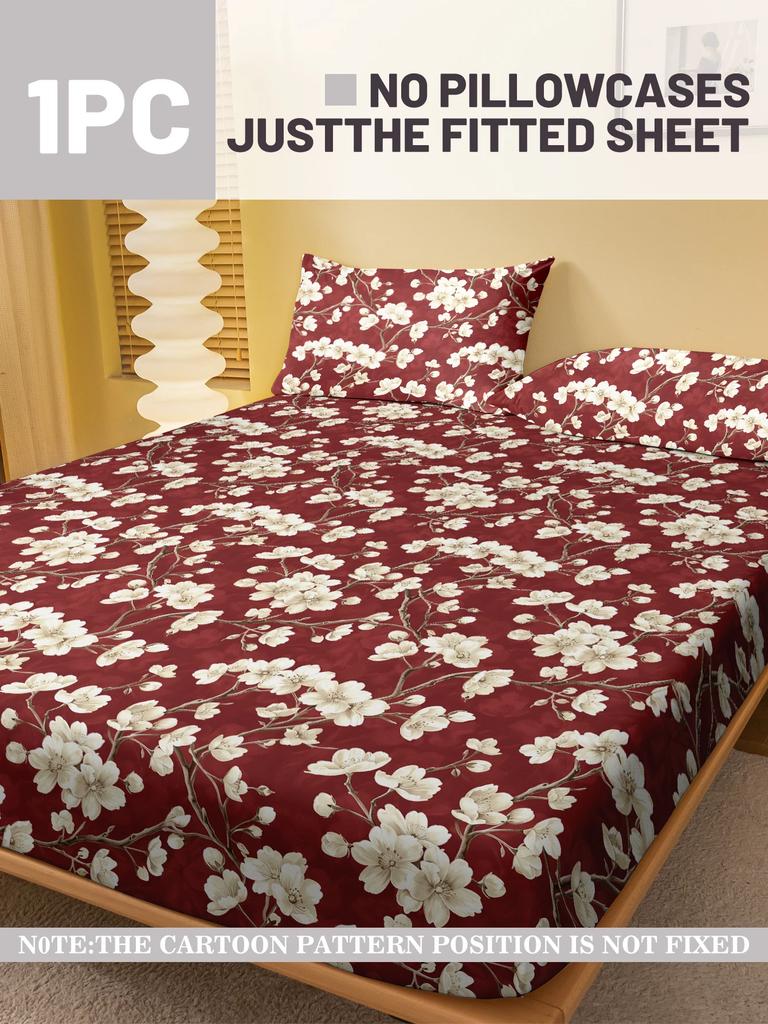 Simple 1 Modern Plant Flower Printed Matte Fitted Sheet, Bedroom Printed Bed Cover, Bedding Excluding Pillowcases