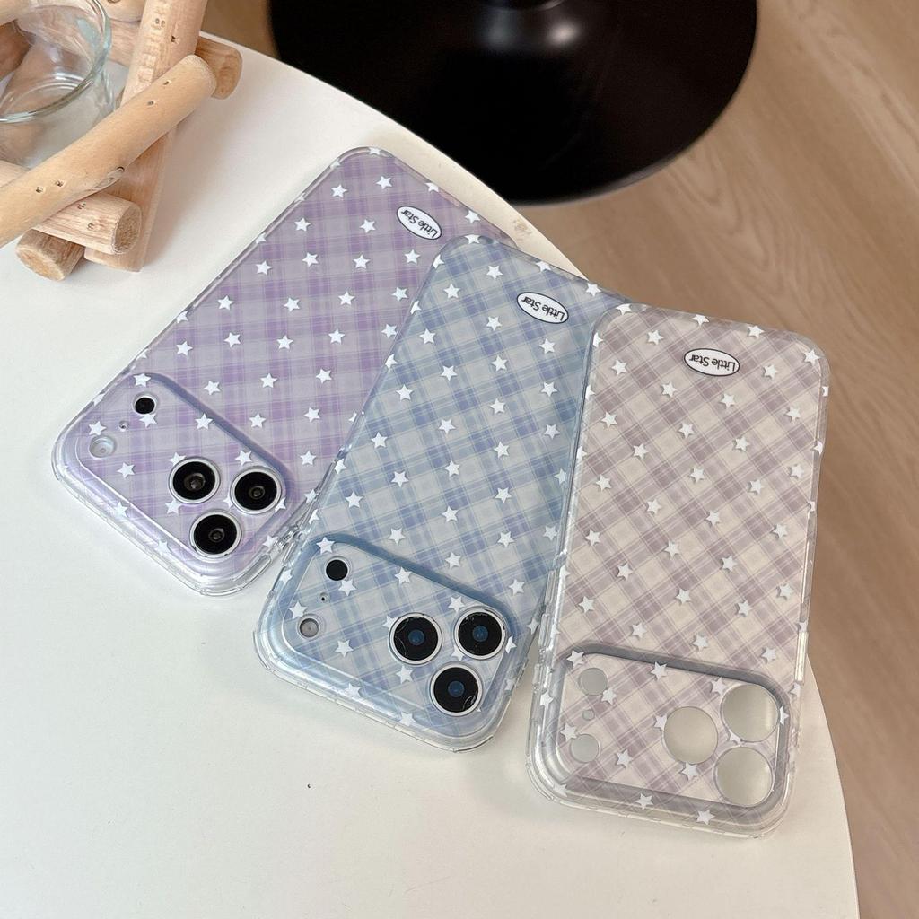 Simple Korean Style Diamond Grid Star Phone Case for Apple iPhone 17 Pro Max, 16PM, 15, and 14 - Perfect for Couples