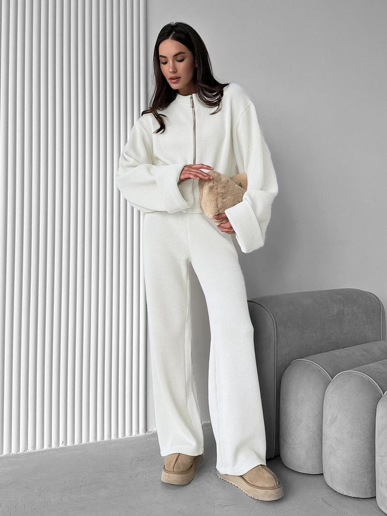 Knitted Long-sleeved Wide-leg Trousers Set, European, American Autumn and Winter New Zipper Jacket Trousers Casual Suit