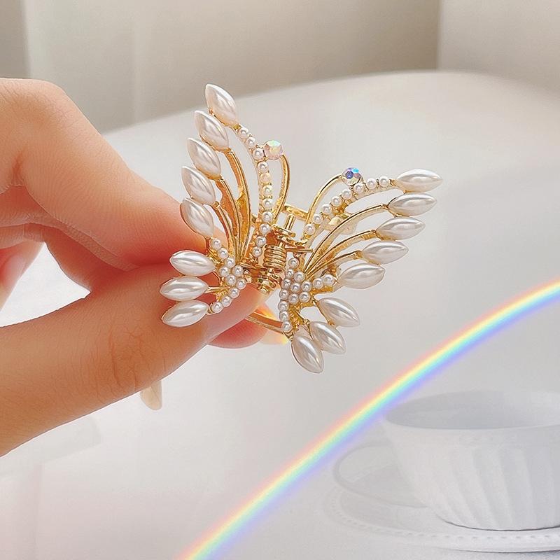 Elegant Faux Pearl Hair Clip Women High Ponytail Small Butterfly Catch Clip Side Clip Back Head Plate Girls Hair Accessories