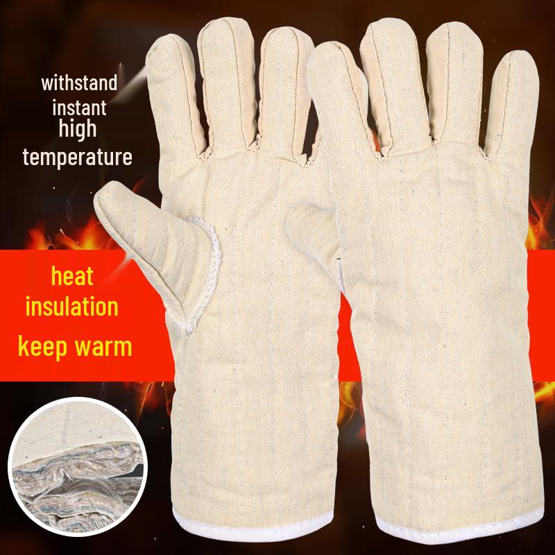 White Heat-Resistant Cotton Gloves: Anti-Scald, High-Temperature Protection, Five-Finger Design, Thickened for Kitchen and Winter Use.