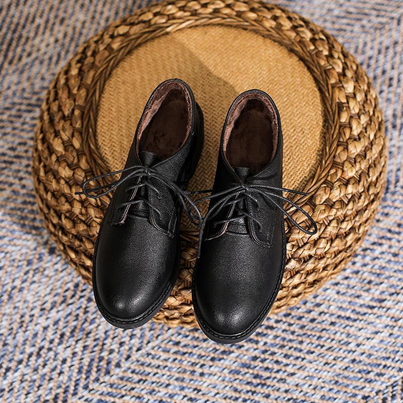 Yuexinwang genuine leather flat for Huizhou women's shoes Su Yinyin same shoes front lace-up black retro versatile small leather shoes