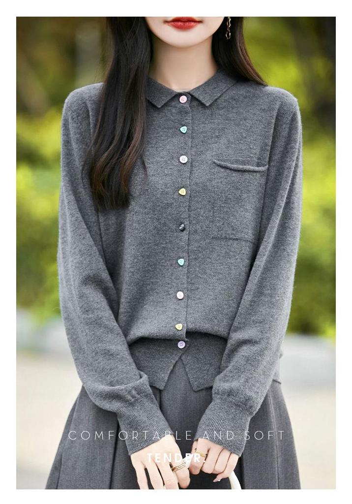 Spring/Summer 2026 Women's 100% Wool Polo Neck Long Sleeve Knit Cardigan Jacket with Colorful Buttons
