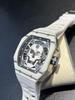 SEVEN XII Skull Mechanical Automatic Skeleton Watch, Carbon Fiber Case, Tonneau Shape, Luminous Dial, Waterproof, Luxury Men's Watch (White)