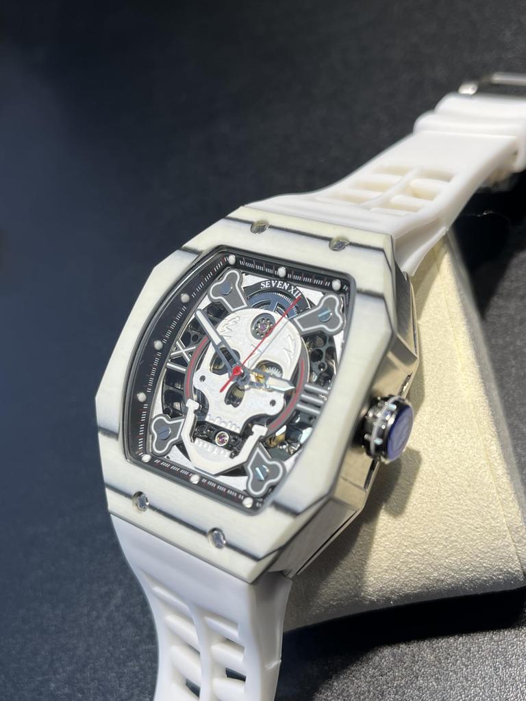 SEVEN XII Skull Mechanical Automatic Skeleton Watch, Carbon Fiber Case, Tonneau Shape, Luminous Dial, Waterproof, Luxury Men's Watch (White)