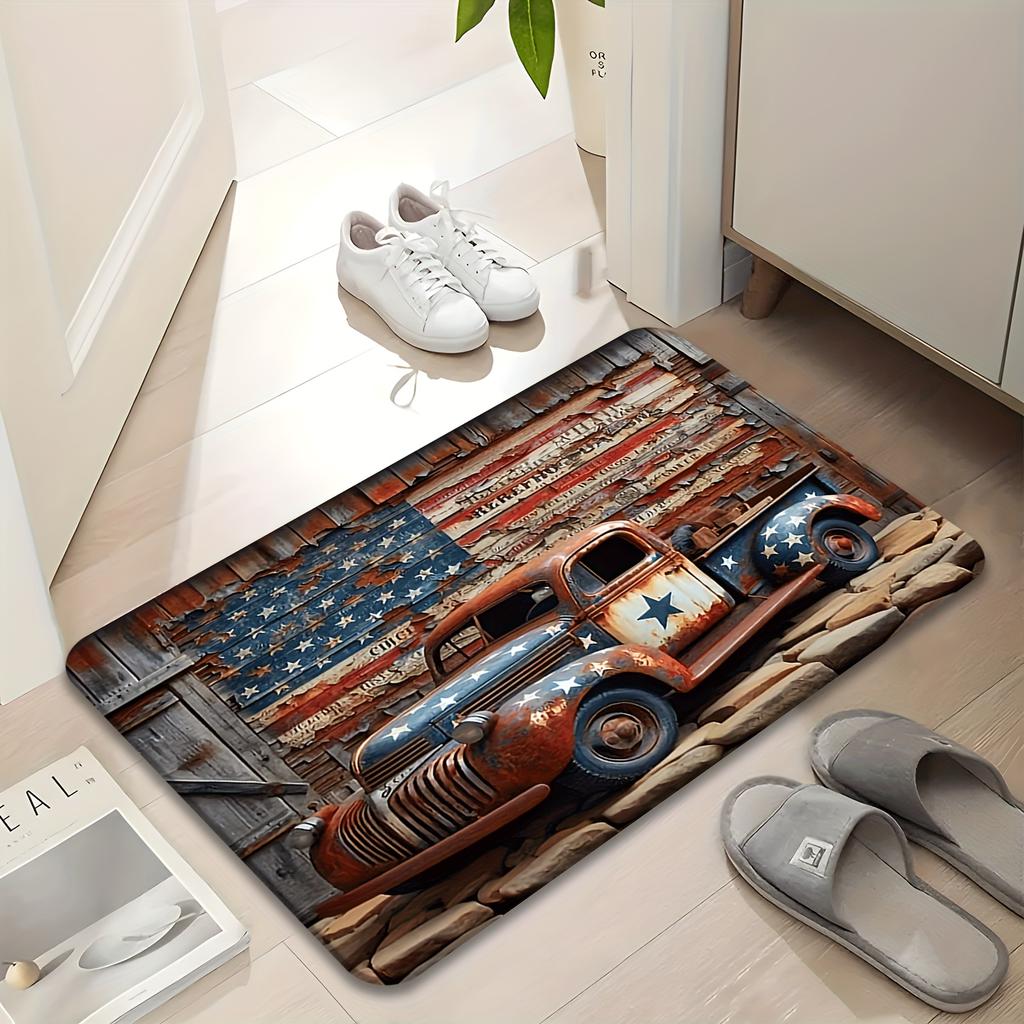 1pc 2D Flat Vintage American Flag Rusty Truck Wood Texture Flannel Door Mat Non Slip Patriotic Rug For Entryway Garage Floor