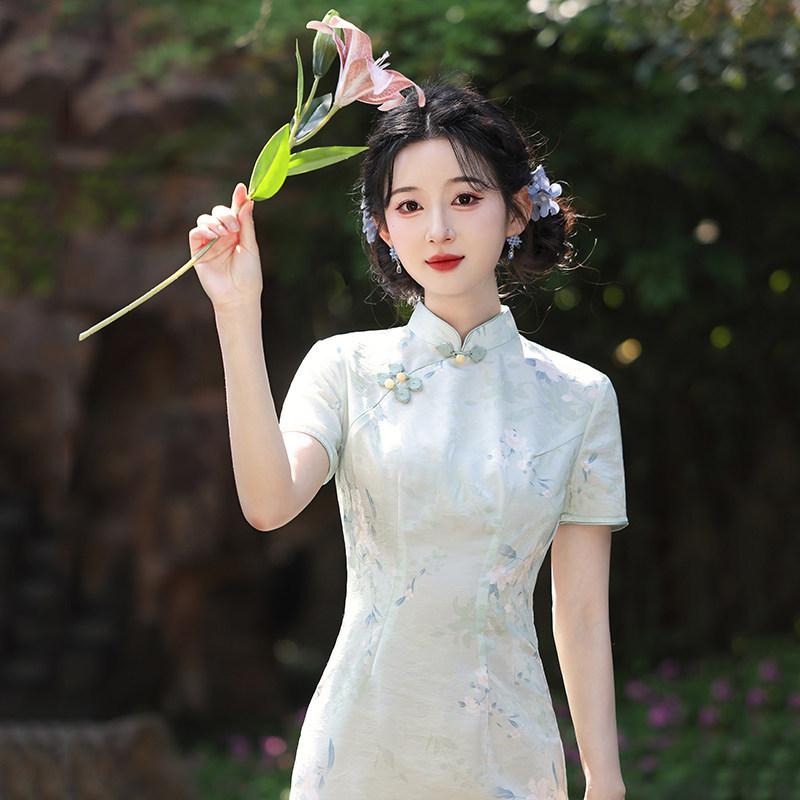 Green national style, new Chinese Suzhou long cheongsam, improved young 1011 new women's high-end sense, daily wear