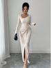 2026 Korean European Style Split Maxi Dress - Elegant Slim Fit Knit with Long Sleeves and Hip-Hugging Design