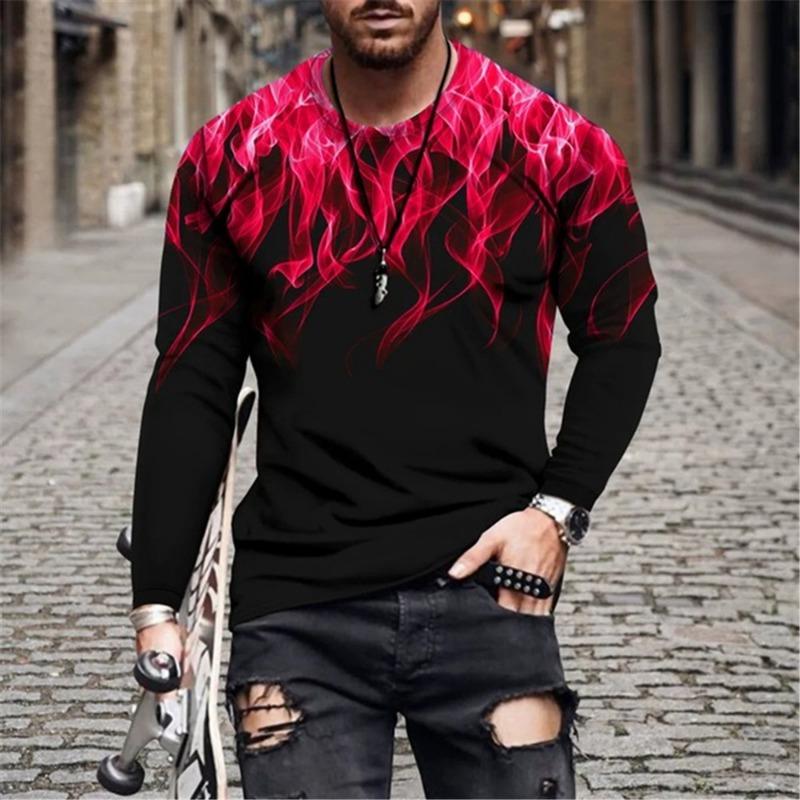 Retro Flame Series 3D Print Summer Men's O-Neck T-shirt Casual Long Sleeve T-Shirt Oversized Pullover Fashion Trend Men Clothing