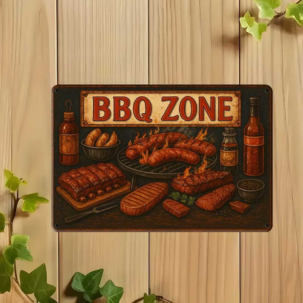 BBQ Zone Retro Metal Sign 20x30cm - Grilled design wall decor for home, bar, or restaurant.