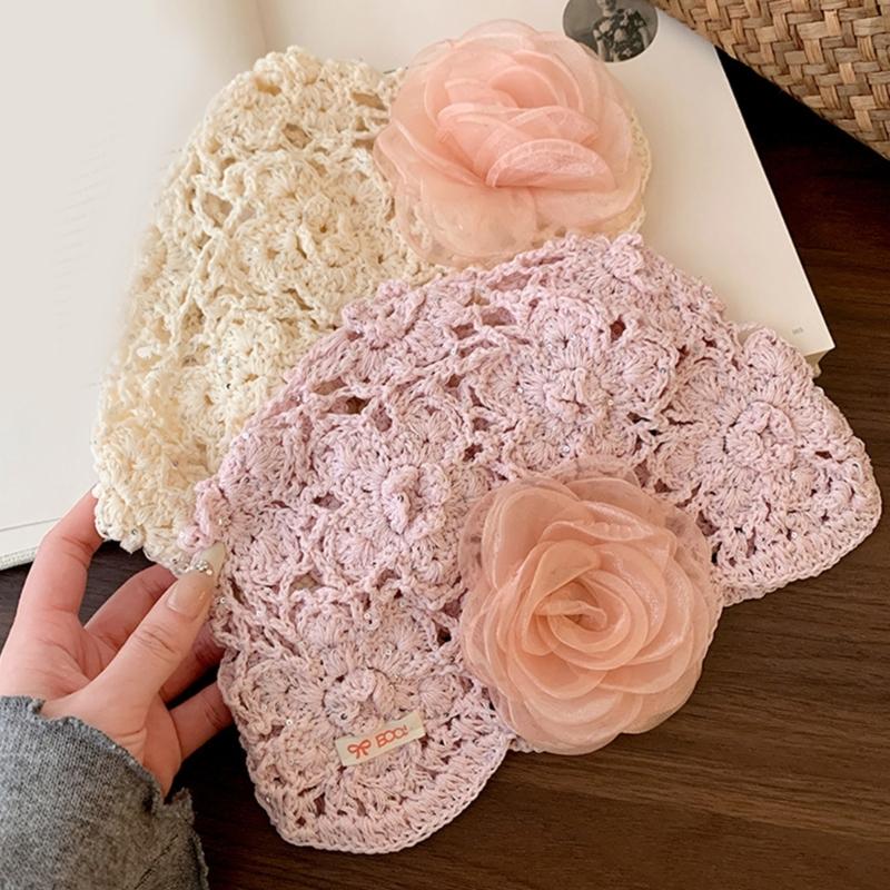 Feminine Openwork Knitted Creative Hat CapIncluding Shaped Dimensional Flowers In Soft Pink Or Beige