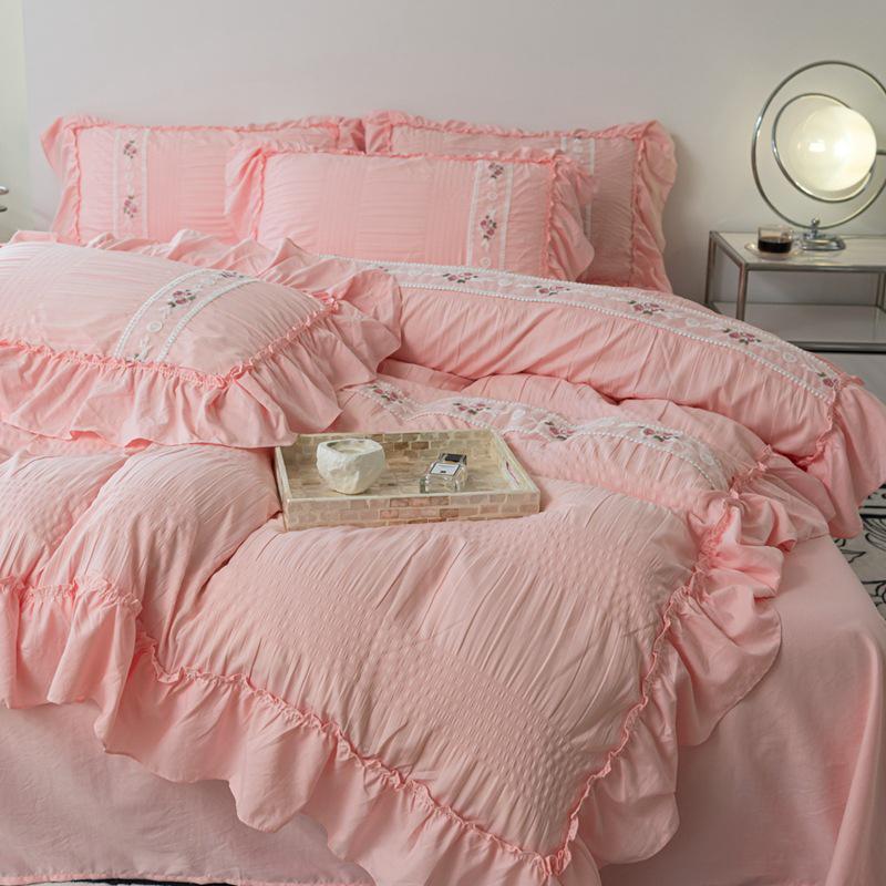 French Seersucker Embroidered Lace Duvet & Sheet Set, 3-Piece Bedding